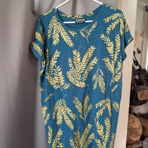 teal and gold Leaf Print T-Shirt dress